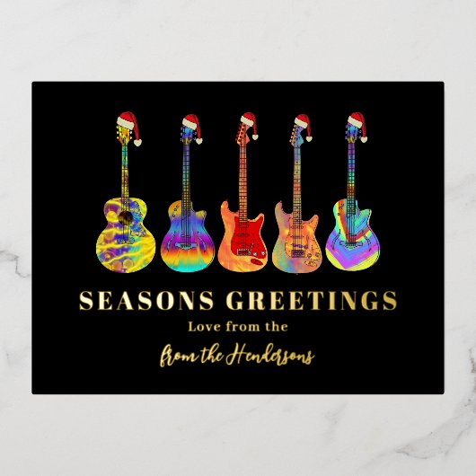 音楽をテーマにしたクリスマスギターブラックと金ゴールド 箔シーズンポストカード (正面)