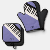 音楽をテーマにしたラベンダー ブラック＆ホワイト ピアノ キー 鍋つかみ&鍋敷きセット (正面/裏面)