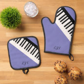 音楽をテーマにしたラベンダー ブラック＆ホワイト ピアノ キー 鍋つかみ&鍋敷きセット (トップダウン)