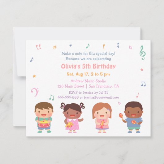 音楽をテーマにした子供の誕生日パーティの招待状 招待状 (正面)