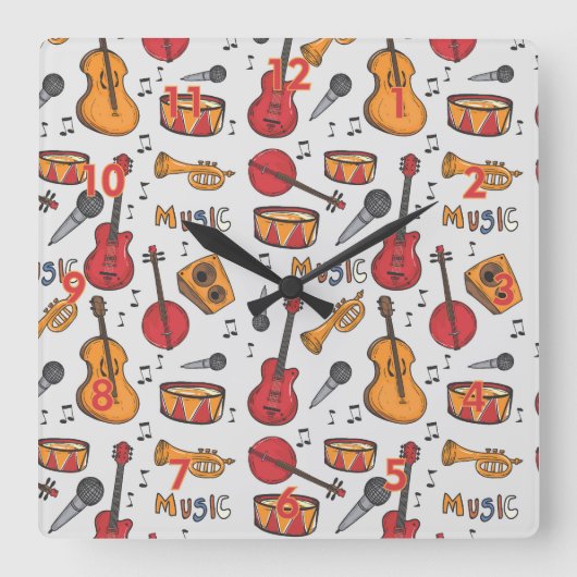 音楽をテーマカッコいいにしたバンジョドラムギター・バイオリンもっと スクエア壁時計 (正面)