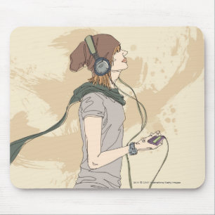 音楽を聞いている若い女性 マウスパッド