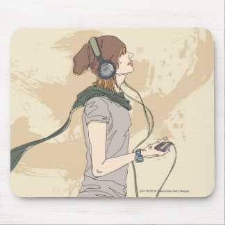 音楽を聞いている若い女性 マウスパッド