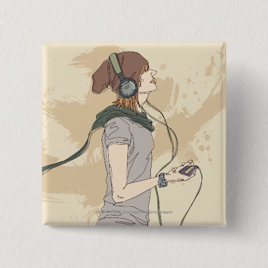 音楽を聞いている若い女性 缶バッジ (正面)