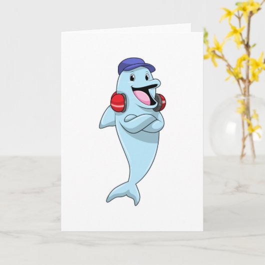 音楽を聞くイルカ カード (黄色い花)