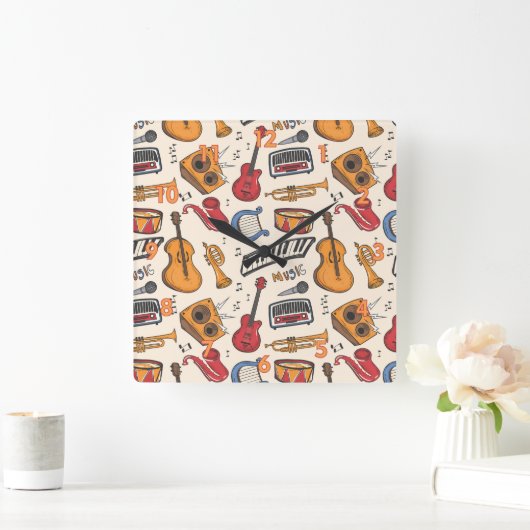 音楽カッコいいをテーマにしたピアノドラムギターViolin More スクエア壁時計 (ホーム)