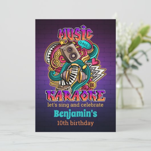 音楽カラオケグラフィティスタイル誕生日招待状 招待状 (スタンド正面)