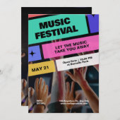 音楽カラフルフェスティバルモダン、ミュージカルパーティー 招待状 (正面/裏面)