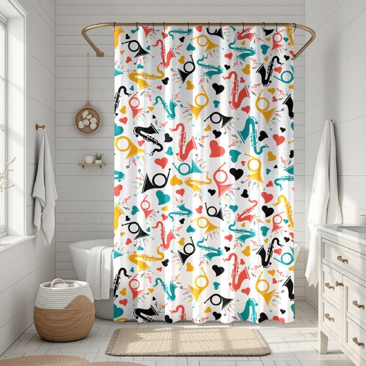 音楽カラフル楽器ノート&ハートパターン シャワーカーテン