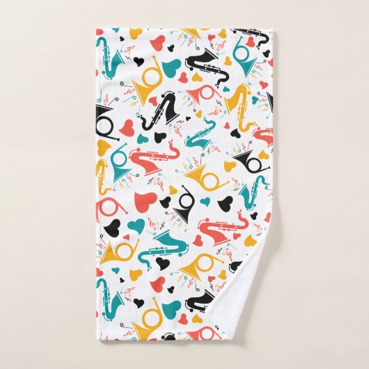 音楽カラフル楽器ノート&ハートパターン バスタオルセット (ハンドタオル)