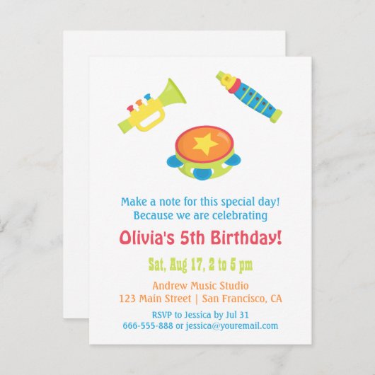 音楽カラフル楽器子供の誕生日パーティー 招待状 (正面/裏面)