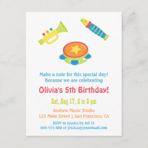音楽カラフル楽器子供の誕生日パーティー 招待状