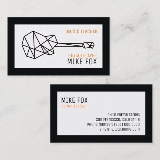 音楽ギター先生、プロフェッショナル白黒 名刺 (正面/裏面)