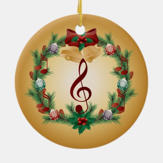 音楽クリスマスのリースのト音記号のオーナメントのギフト セラミックオーナメント (裏面)