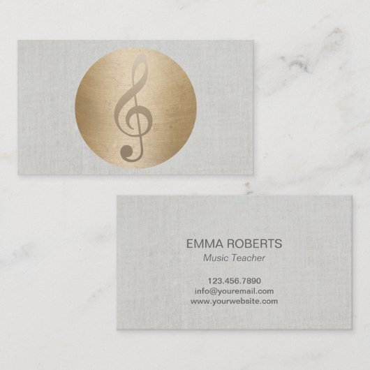 音楽クレフ、音符記号の金ゴールドの円の上品なリネンミュージカル 名刺 (正面/裏面)