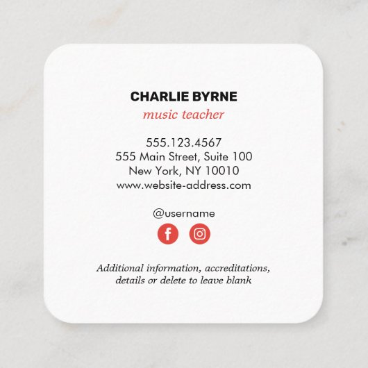 音楽クレフ、 音符記号音楽先生名刺 スクエア名刺 (裏面)