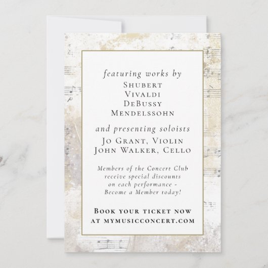 音楽コンサート演奏招待状エレガント金ゴールド 招待状 (裏面)