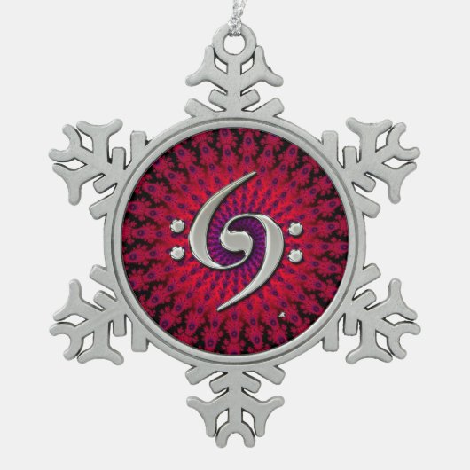 音楽コントラバスのクレフ、音符記号の銀のオーナメント スノーフレークピューターオーナメント (正面)