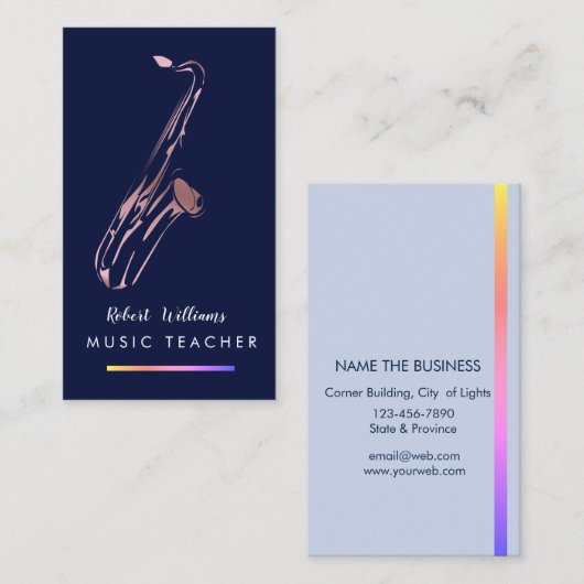 音楽サクソフォーンの楽器のミュージシャンのばら色の金ゴールド 名刺 (正面/裏面)