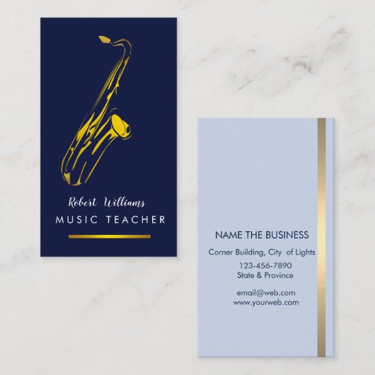 音楽サクソフォーンの楽器のミュージシャンの金ゴールドの芸術 名刺 (正面/裏面)