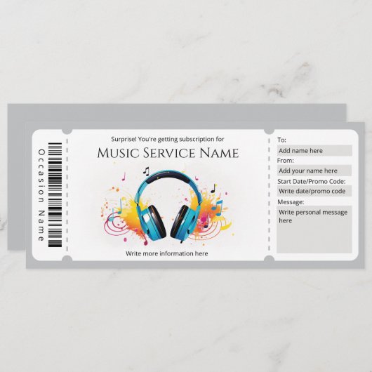 音楽サブスクリプションギフト証明書のテンプレート 招待状 (正面/裏面)