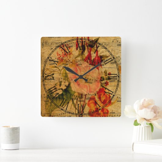 音楽シビクトリアンート水彩花壁紙 スクエア壁時計 (ホーム)