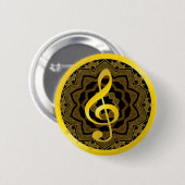 音楽シンボルクレフ、 音符記号ノート金ゴールドブラックマンダラアート 缶バッジ (正面&裏面)