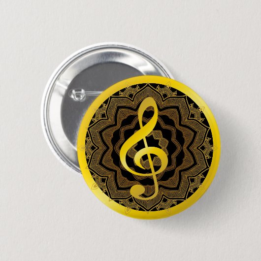 音楽シンボルクレフ、 音符記号ノート金ゴールドブラックマンダラアート 缶バッジ (正面&裏面)