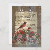 音楽シート上の赤い鳥のコラージュ 招待状 (正面)