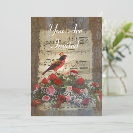 音楽シート上の赤い鳥のコラージュ 招待状 (スタンド正面)