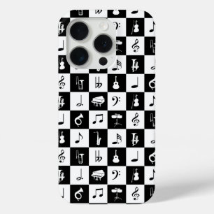音楽スタイリッシュノートと楽器白黒 iPhone 15 PROケース