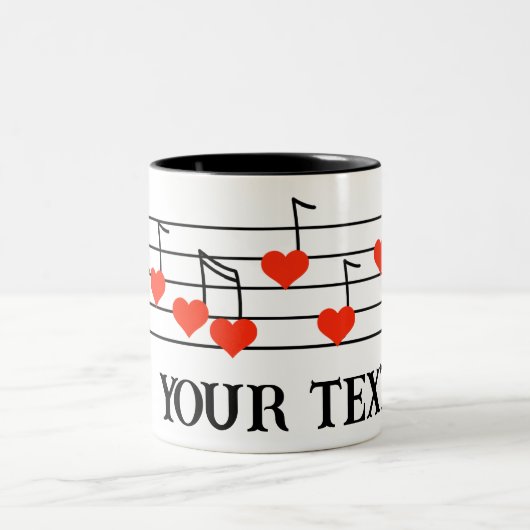 音楽スタッフと赤いハートノートカスタマイズ付き ツートーンマグカップ (中央)