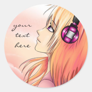 音楽ステッカーに聞いているかわいらしい日本製アニメの女の子 ラウンドシール