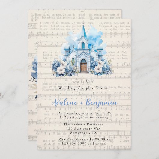 音楽ダスティブルー教会結婚のカップルのシャワー 招待状 (正面/裏面)