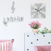 音楽テーマの壁掛け時計、シルバーのト音記号の装飾 スクエア壁時計