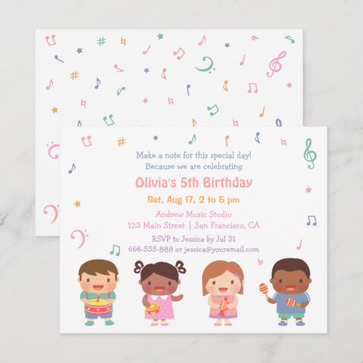音楽テーマの子供の誕生日パーティーの招待状 招待状 (正面/裏面)