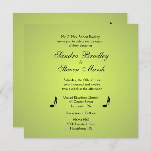 音楽テーマグリーン結婚式招待状 招待状 (正面/裏面)