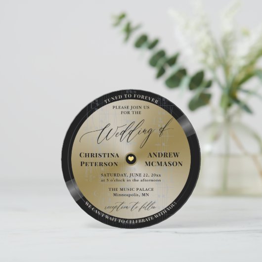 音楽テーマヴィンテージビニール金ゴールドモダンディス結婚ク 招待状 (スタンド正面)