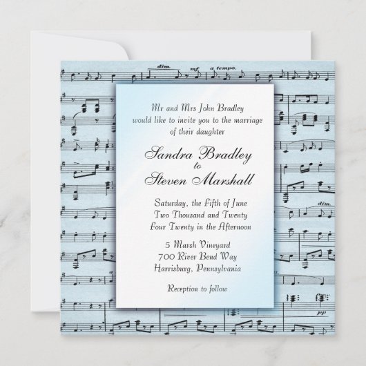 音楽テーマ結婚のブルーシート音楽招待状 招待状 (正面)
