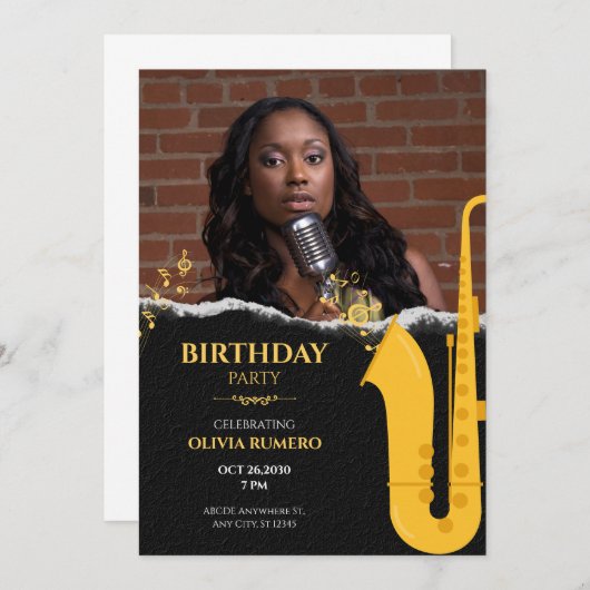 音楽トランペットジャズの写真誕生日 招待状 (正面/裏面)