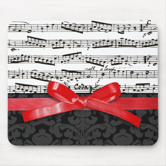 音楽ノートおよびフェイクで赤いリボン マウスパッド (正面)