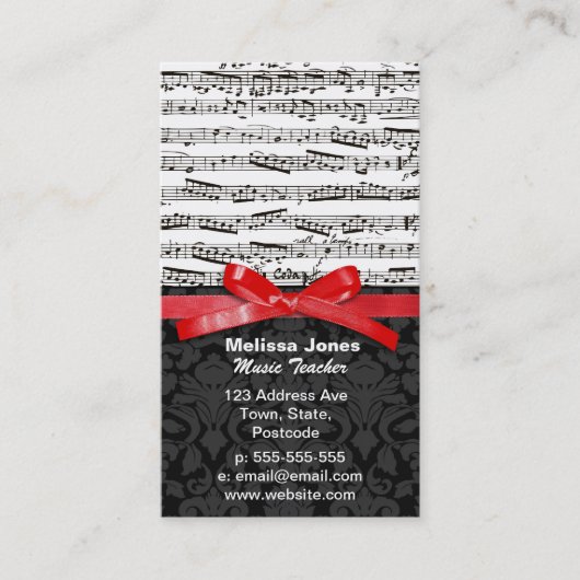 音楽ノートおよびフェイクで赤いリボン 名刺 (正面)