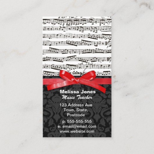 音楽ノートおよびフェイクで赤いリボン 名刺 (正面)
