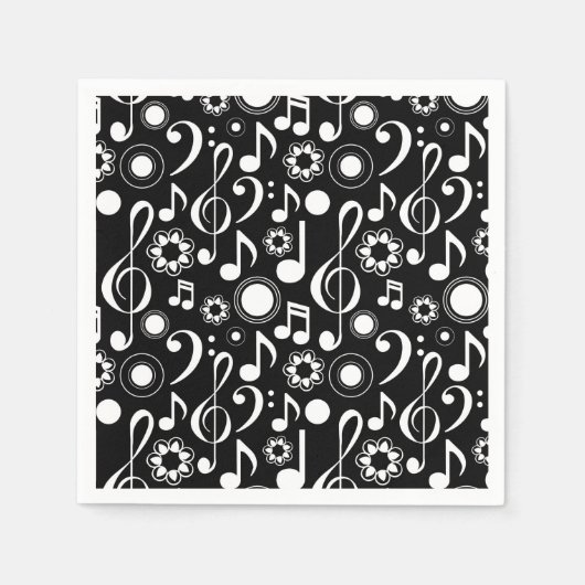 音楽ノートとクレフ、 音符記号 – 白（黒） スタンダードカクテルナプキン (正面)