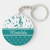 音楽ノートとハートパターンティール(緑がかった色)と白 キーホルダー (裏面)