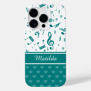 音楽ノートとハートパターンティール（緑がかった色）と白 Case-Mate iPhone 14 PROケース