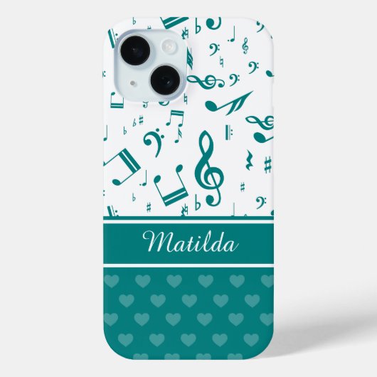 音楽ノートとハートパターンティール(緑がかった色)と白 Case-Mate iPhoneケース (裏面)
