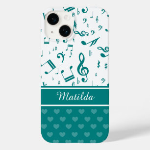 音楽ノートとハートパターンティール(緑がかった色)と白 Case-Mate iPhone 14ケース