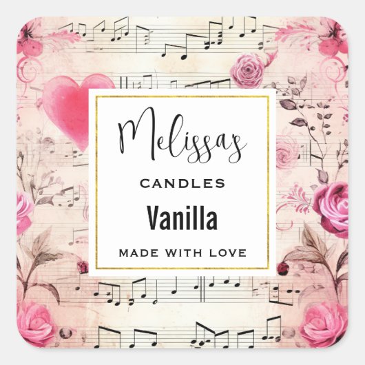 音楽ノートとバラヴィンテージデザインキャンドルビズ スクエアシール (正面)