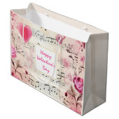 音楽ノートとバラヴィンテージデザインバレンタイン ラージペーパーバッグ (正面アングル)